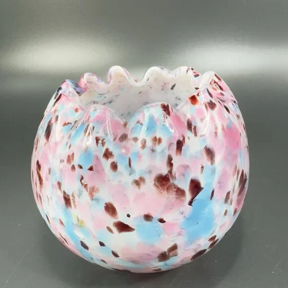 Czech Art Glass Rose Bowl Dish Hand Blown Multicolor Spots Bowl Ruffled‎ Edges - Picture 13 of 14